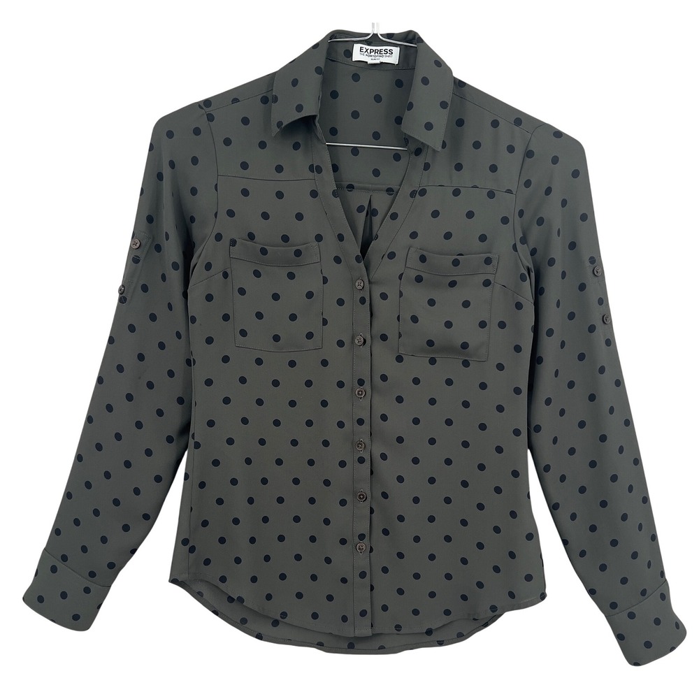 Express Portofino Slim Fit Shirt Olive Green‎ Polka Dot Roll Tab Sleeve XXS